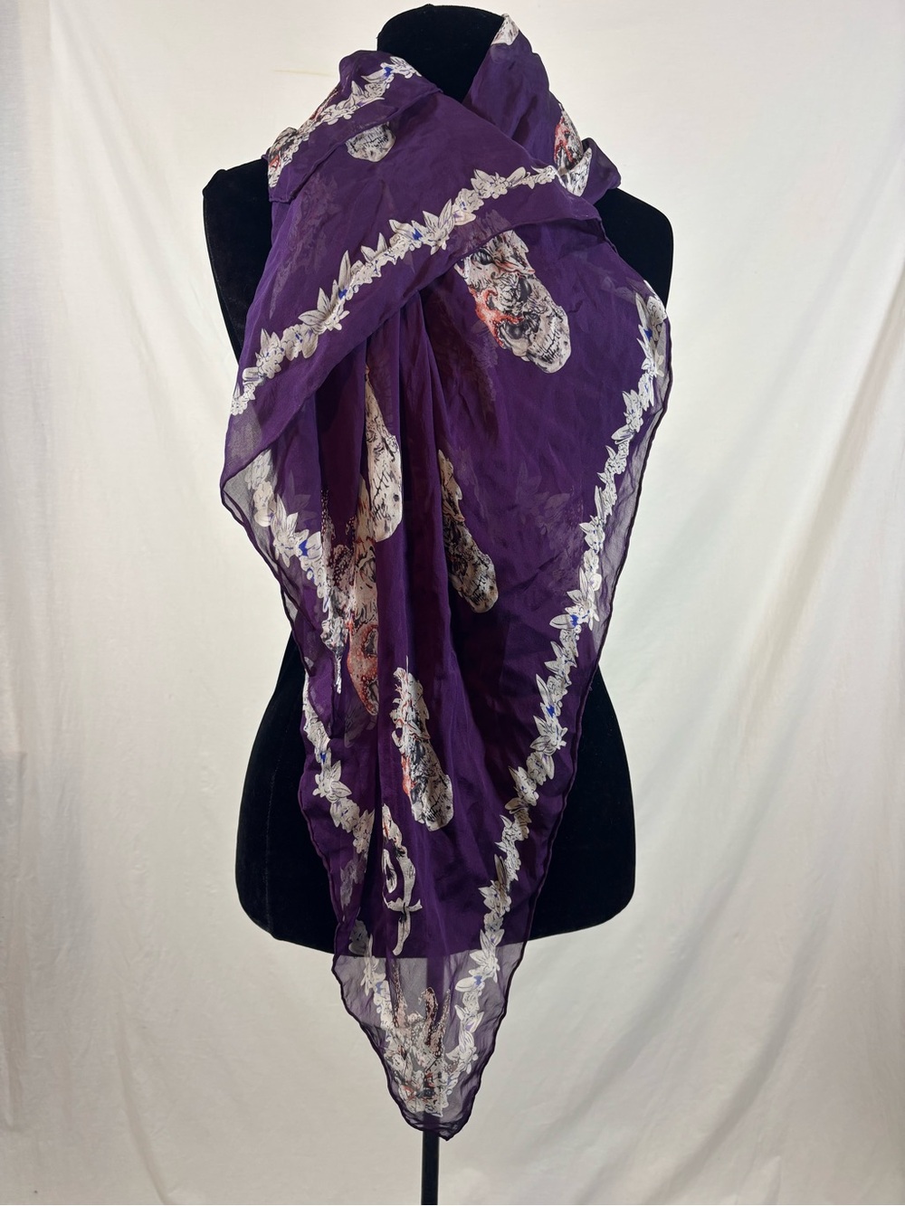 Purple Skull Floral Chiffon Scarf Goth Halloween Spooky Whimsigoth Statement